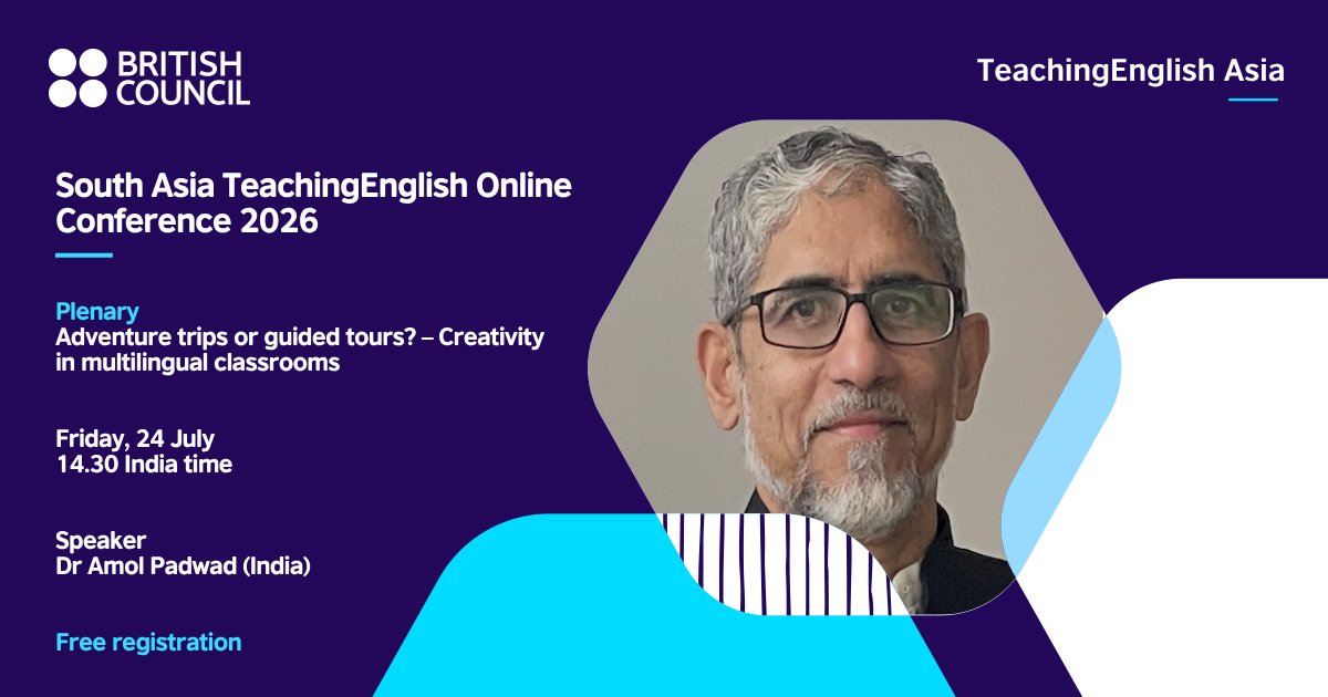 pkBritish's tweet photo. What does creativity really mean in language education? Join Dr Amol Padwad on 24 July for a thought-provoking plenary exploring how creative approaches can enrich multilingual classrooms. Free registration: https://t.co/ZJ9NCCGOf7 
#TeachingEnglish #SouthAsiaConference https://t.co/dygSRrqfPh