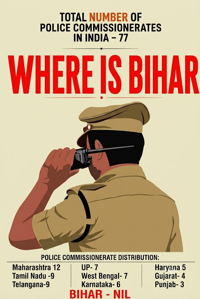 prashant_ips_jh's tweet photo. India has 77 Police Commissionerate : Maharashtra (12) • Tamil Nadu (9) • Telangana (9) • Uttar Pradesh (7) • West Bengal (7) • Karnataka (6) • Kerala (6) • Haryana (5) • Gujarat (4) • Punjab (3) • Andhra Pradesh (2) • Madhya Pradesh (2) • Rajasthan (2) • #WhereisBihar ?