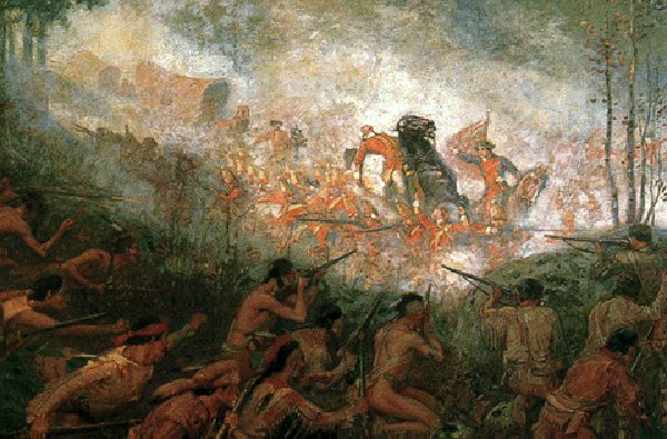 MilHistNow's tweet photo. Today in 1755, colonial militia and British redcoats under the command of Edward Braddock are ambushed by French and Indigenous forces at Monongahela near present-day Pittsburgh. Amid the chaos, a 23-year-old colonial officer named George Washington manages to distinguish himself https://t.co/EyQGxQstqm