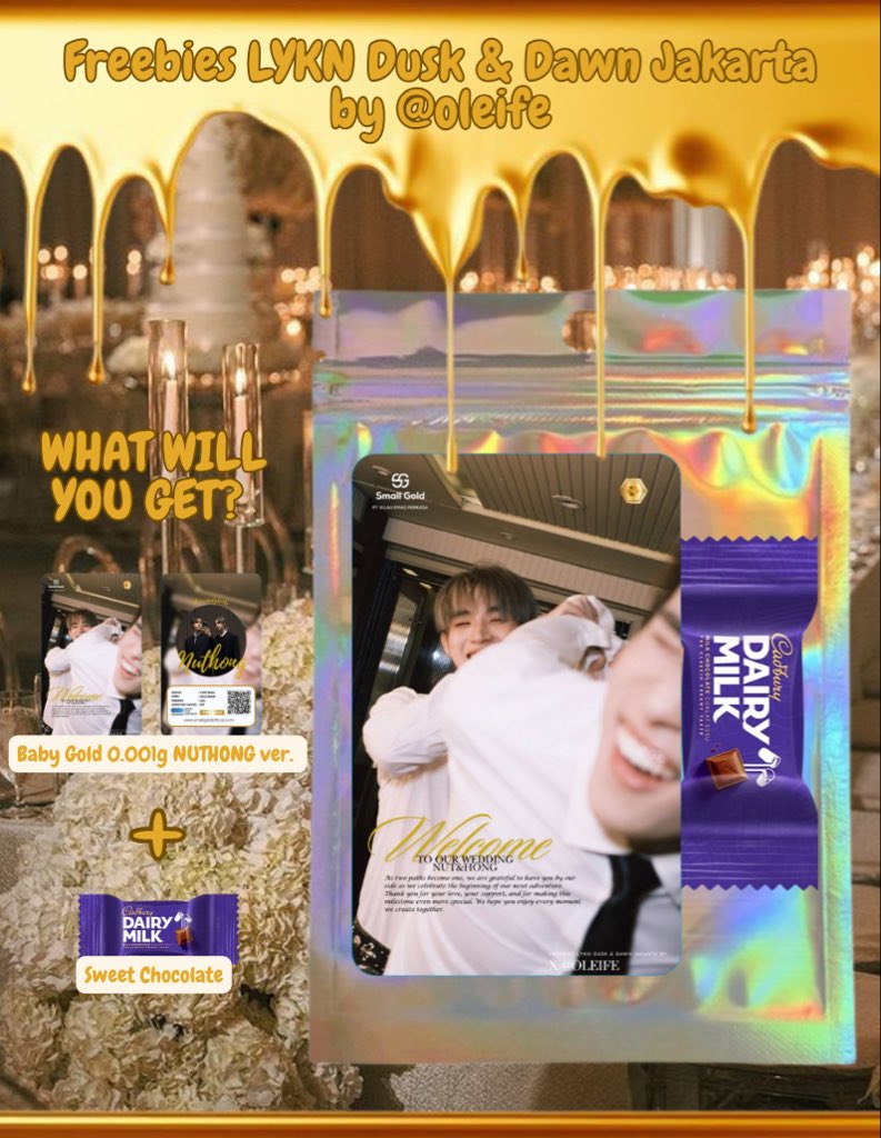 oleife's tweet photo. FREEBIES LYKN DUSK AND DAWN JAKARTA BY @oleife

haii aku membawa pribis tuk lykyou dan nuthong mania, berupa:
•  baby gold 0.001g (lykn/nuthong ver) 
•  cokelat manis spt km😍😋🤟

tdk open trade, jadi seketemunya aja yah🙏 see u😉

#LYKNDuskAndDawnxJakarta https://t.co/qXjmzRzoFb