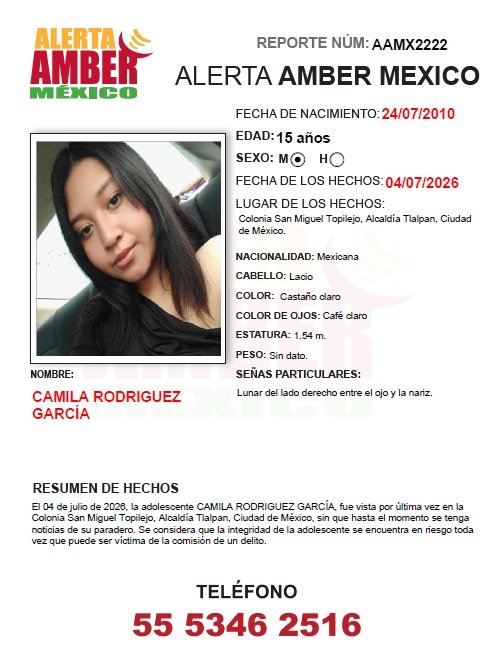 AAMBER_mx's tweet photo. #AlertaAMBER solicita su apoyo y RT para la búsqueda y localización de la adolescente CAMILA RODRIGUEZ GARCÍA, de ahora 15 años de edad. https://t.co/Nvwkj94mEA