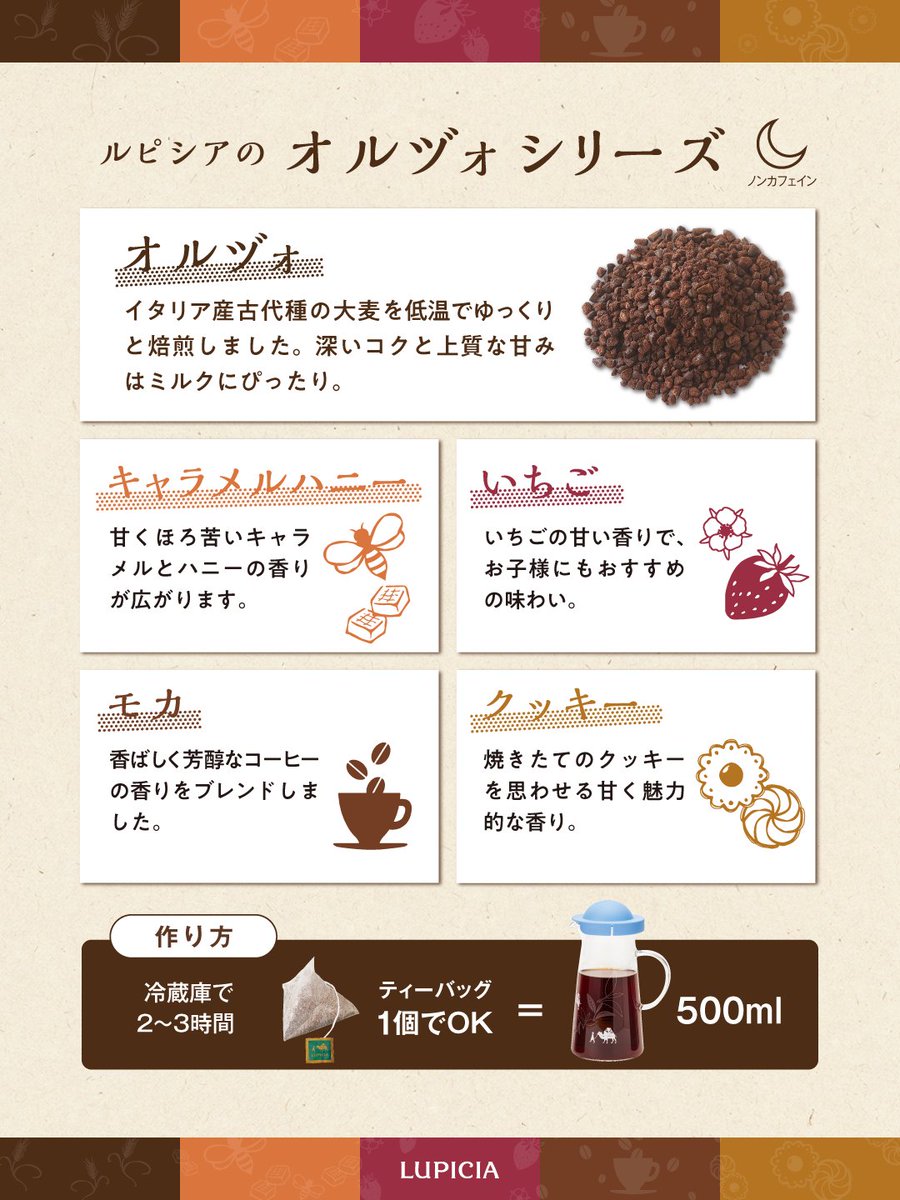 LUPICIA_jp's tweet photo. イタリアで親しまれる🇮🇹
ノンカフェイン麦茶 #オルヅォ☕

まるでコーヒーのような香ばしく深いコクがあるため、ストレートはもちろん、ミルクとの相性も抜群！ルピシアの5種類のブレンド＆ミルク出しの作り方をご紹介します。

▼オルヅォシリーズはこちら
https://t.co/d3aTkewDCa https://t.co/FUuNHfBBR0