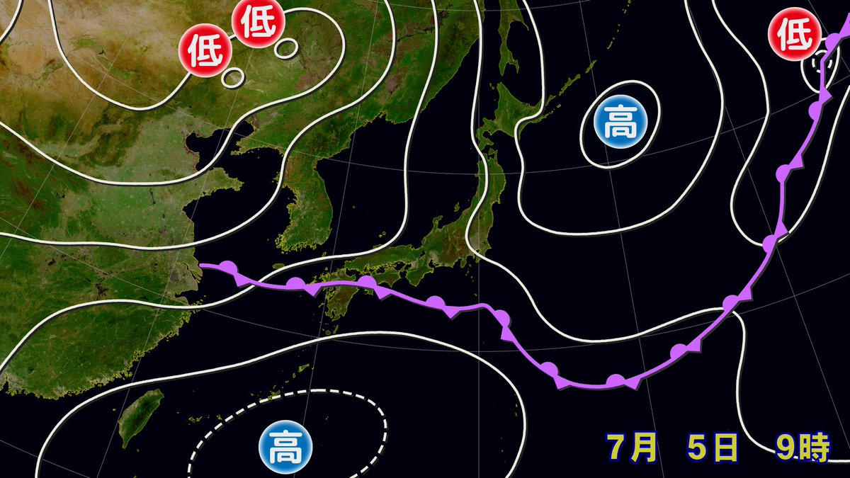 Runninzin's tweet photo. オホーツク海高気圧と太平洋高気圧に挟まれた梅雨前線、という教科書のような天気図 https://t.co/3Tpvcm1nJJ