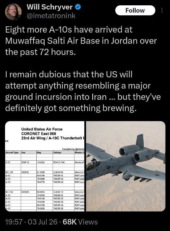 SoftWarNews's tweet photo. 🇺🇸 🇯🇴 Delapan jet tempur A-10 Warthog telah dikerahkan ke Pangkalan Udara King Hussein di Yordania. Jet tempur ini digunakan untuk mendukung operasi darat.

Tujuh pesawat pengisian bahan bakar AS dan sebuah pesawat peringatan dini E-3 terbang di atas Timur Tengah.

@imetatronink  Analis geopolitik dan sejarawan Amerika:

🔹Dalam 72 jam terakhir, delapan pesawat A-10 lagi telah tiba di Pangkalan Udara Mofaq Salti di Yordania.

🔹Saya masih ragu bahwa AS akan mengambil tindakan yang menyerupai invasi darat skala besar ke Iran... tetapi mereka pasti sedang mempersiapkan sesuatu.