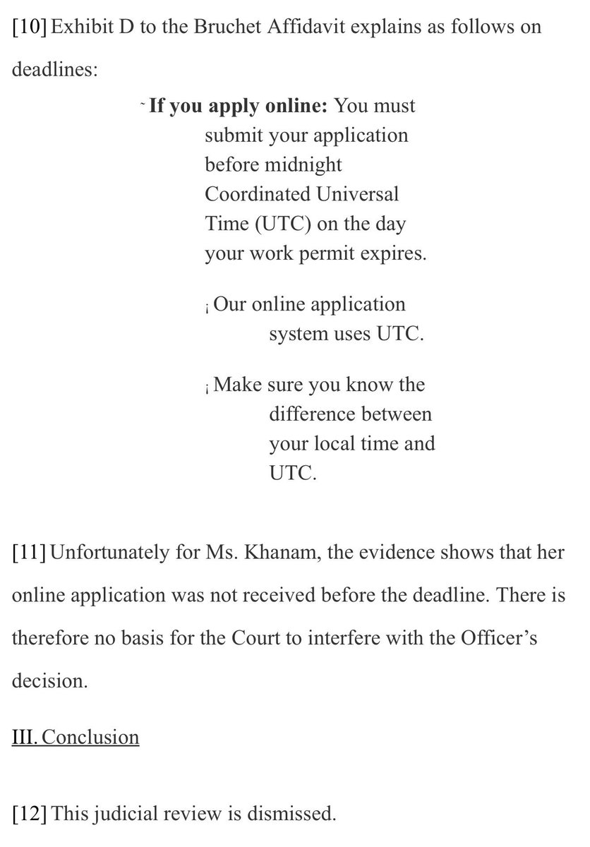MannyLidher's tweet photo. ⚖️ Khanam v. Canada (Citizenship and Immigration), 2026 FC 883

The Federal Court upheld the refusal of a spousal open work permit application after finding it was submitted after the January 21, 2025 cut-off for the previous SOWP eligibility rules.

The applicant argued the application should be assessed under the old rules because payment was made before the deadline.

The Court found the payment receipt did not prove the application was submitted before the cut-off. The GCMS record showed the application was received after the deadline.

📌 Paying the application fee is not the same as submitting the application. For online IRCC applications, timing is based on when the application is actually submitted, and IRCC’s system uses UTC.

#CanadaVisa #WorkPermit