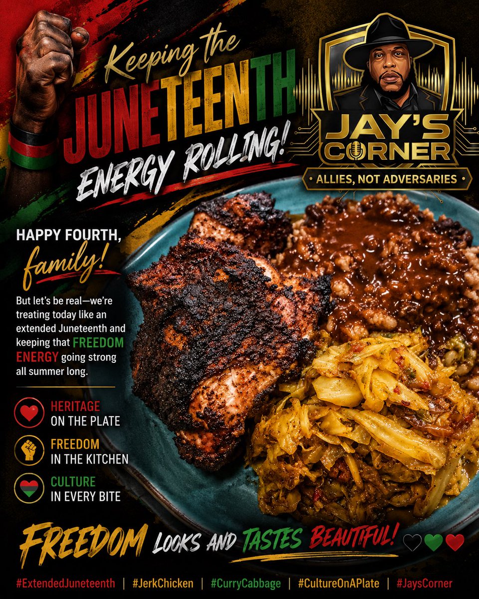 CoachJayHester's tweet photo. Treating the 4th like an extended Juneteenth! ✊🏾 

Keeping that freedom energy rolling with Air Fryer Jerk Chicken, Black Beans &amp; Brown Rice, and a savory Curry Cabbage. 

Hacked that perfect gravy with the pan drippings too! Freedom tastes beautiful. 🖤💛 #JaysCorner https://t.co/7zHhjnijdH