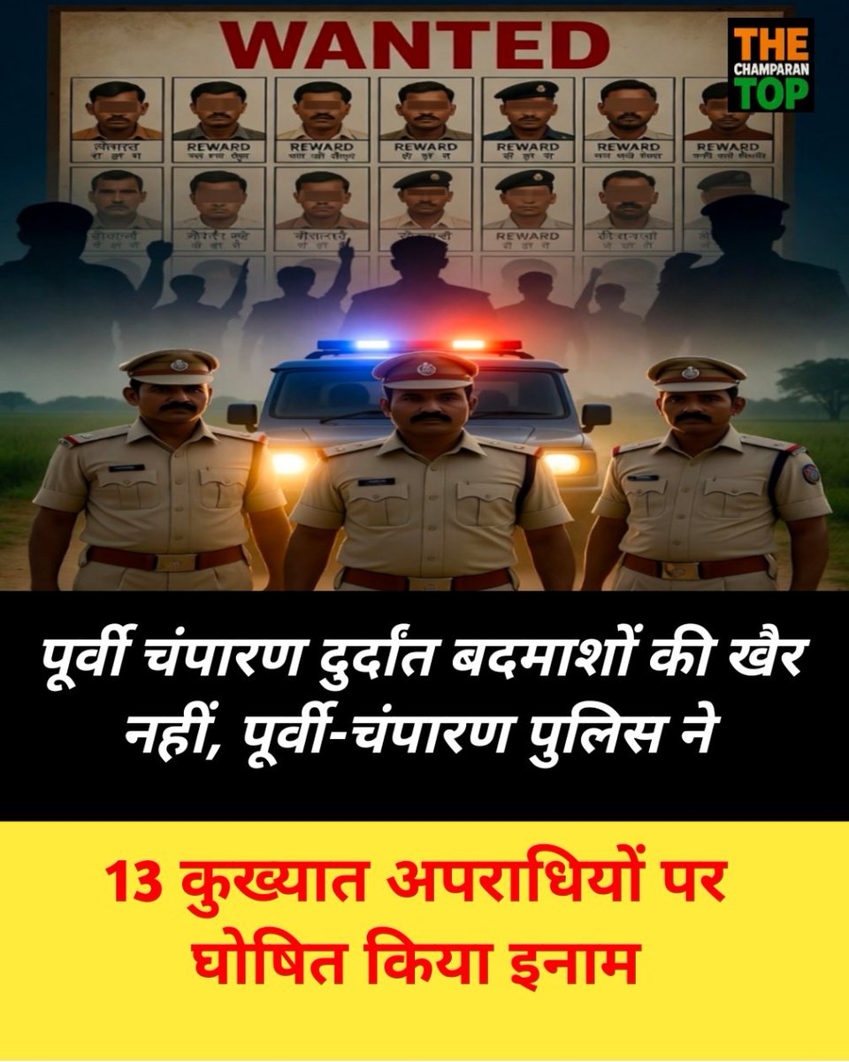 Thechamparantop's tweet photo. पूर्वी चंपारण दुर्दांत बदमाशों की खैर नहीं, पूर्वी-चंपारण पुलिस ने 13 कुख्यात अपराधियों पर घोषित किया इनाम

मोतिहारी। अपराध के खिलाफ पूर्वी-चंपारण पुलिस ने बड़ा अभियान शुरू किया है। जिले के 13 कुख्यात वांछित अपराधियों पर इनाम घोषित कर दिया गया है।

ये सभी आरोपी लूट, डकैती, https://t.co/vd2pbV4GJF