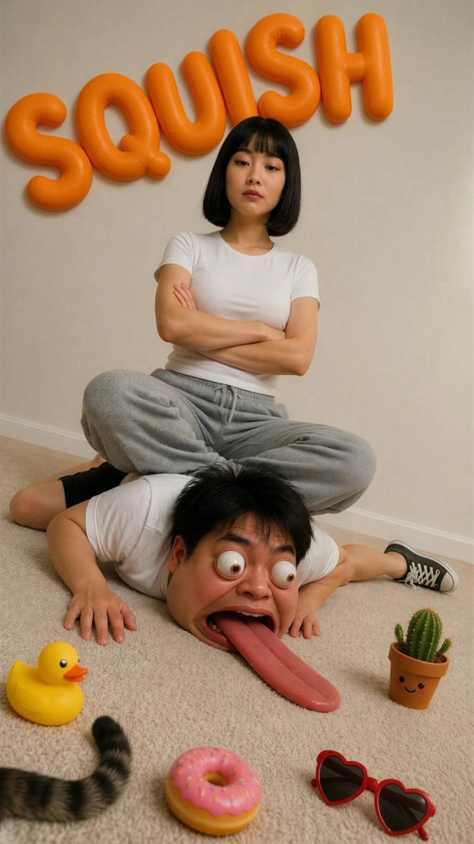 iamsofiaijaz's tweet photo. Prompt 1

A completely absurd, humorous, and surreal photo mixing realistic photography with cartoonish 3D effects. A young East Asian man lies flat on his stomach on a beige carpet, wearing a white t-shirt, black shorts, and black-and-white canvas sneakers. His body, hands, and feet are completely human and perfectly proportional. His face is squished against the carpet in a highly exaggerated, cartoonish manner—his eyes are bulging comically far out of their sockets, his mouth is stretched wide open, and an absurdly long tongue is hanging flat on the floor, as if he is being squeezed by a heavy weight on his back. Sitting directly on his lower back is a beautiful young East Asian woman with a sleek black bob haircut. She wears a matching white t-shirt and grey sweatpants. She sits heavily on him, legs folded, arms crossed firmly over her chest, looking down at the camera with a completely unimpressed, deadpan, and slightly annoyed expression. Scattered around them on the carpet are cute, glossy 3D items: a yellow rubber duck, a donut with pink frosting, a small cactus in a pot, and a pair of novelty heart-shaped sunglasses. At the top of the frame, the word **"SQUISH"** is written in a bouncy, inflated bubble font in bright orange. The background is a plain light beige wall with white baseboards. Bright, even studio lighting. Realistic skin texture, visible pores, no beauty filter. A stray cat tail curls near the rubber duck at the bottom left corner.
dutch angle, stray cat tail --ar 9:16
Prompt 2

A completely absurd, humorous, and surreal photo mixing realistic photography with cartoonish 3D effects. A young East Asian man is folded comically into an oversized, vintage leather suitcase, only his realistic head, hands, and feet sticking out. He wears a simple grey hoodie. His expression is one of helpless, wide-eyed confusion—a perfect **Surprised Chibi Face**. Sitting calmly on top of the closed half of the suitcase is a young East Asian woman with a sleek, low bun. She wears a chic beige trench coat and dark sunglasses, looking like a celebrity avoiding paparazzi. She holds a tiny, glossy 3D-rendered passport and a miniature airplane. Her expression is completely deadpan, staring off into the distance as if waiting for her flight. Scattered around are cute 3D items: a luggage tag, a travel pillow, a tiny globe, and a coffee cup with a heart on the sleeve. At the top, the word **"PACKED"** is written in a vintage luggage-stamp serif font in deep navy. Bright, even studio lighting. Realistic skin texture, visible pores, no beauty filter. A stray dog tail wags near the suitcase wheel at the bottom right corner.
dutch angle, stray dog tail --ar 9:16