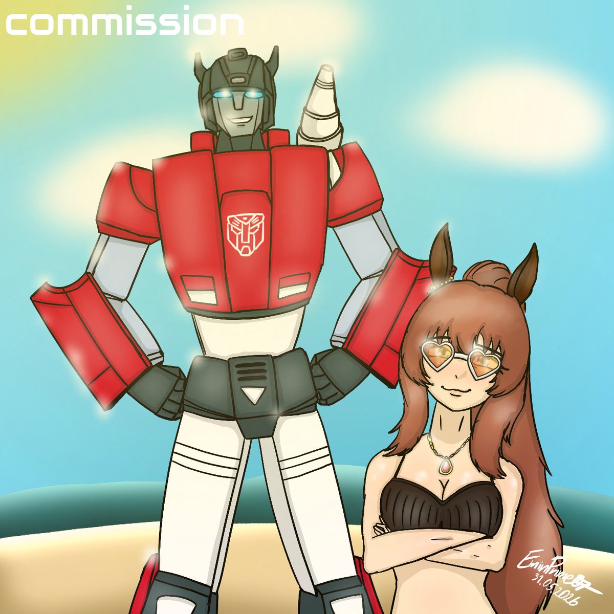 EminPrime07's tweet photo. Forgot to post here this commission I've done on the last day of May

#umamusume #transformers #sideswipe #maruzensky https://t.co/pv55fbpD5G