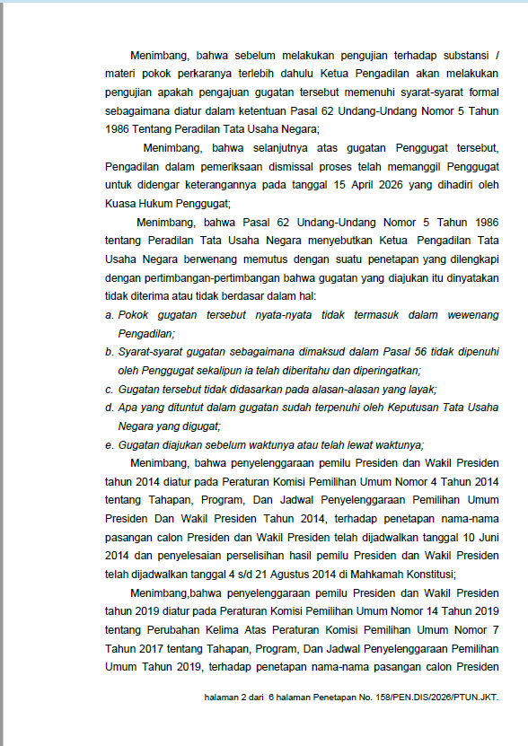 Bonatua766hi's tweet photo. Sidang PTUN Digelar via e-Court, Publik Sulit Mengakses: Transparansi Dipertanyakan

Sudah 3 kali sidang, publik tidak bisa melihat.
Gugatan saya ditolak tanpa diperiksa—dibilang sengketa pemilu & lewat waktu.
Padahal ini KTUN, dan bukti baru saya dapat 2026 setelah KPU sebelumnya menutup dokumen.

📅 Besok, 6 Juli 2026 pukul 10.00 WIB
👉 Pembacaan Jawaban atas Perlawanan (Pasal 62 ayat (3) UU PTUN)

Kalau sidang publik tak bisa diawasi… keadilan milik siapa?
#KawalSidangPTUN #TransparansiPeradilan