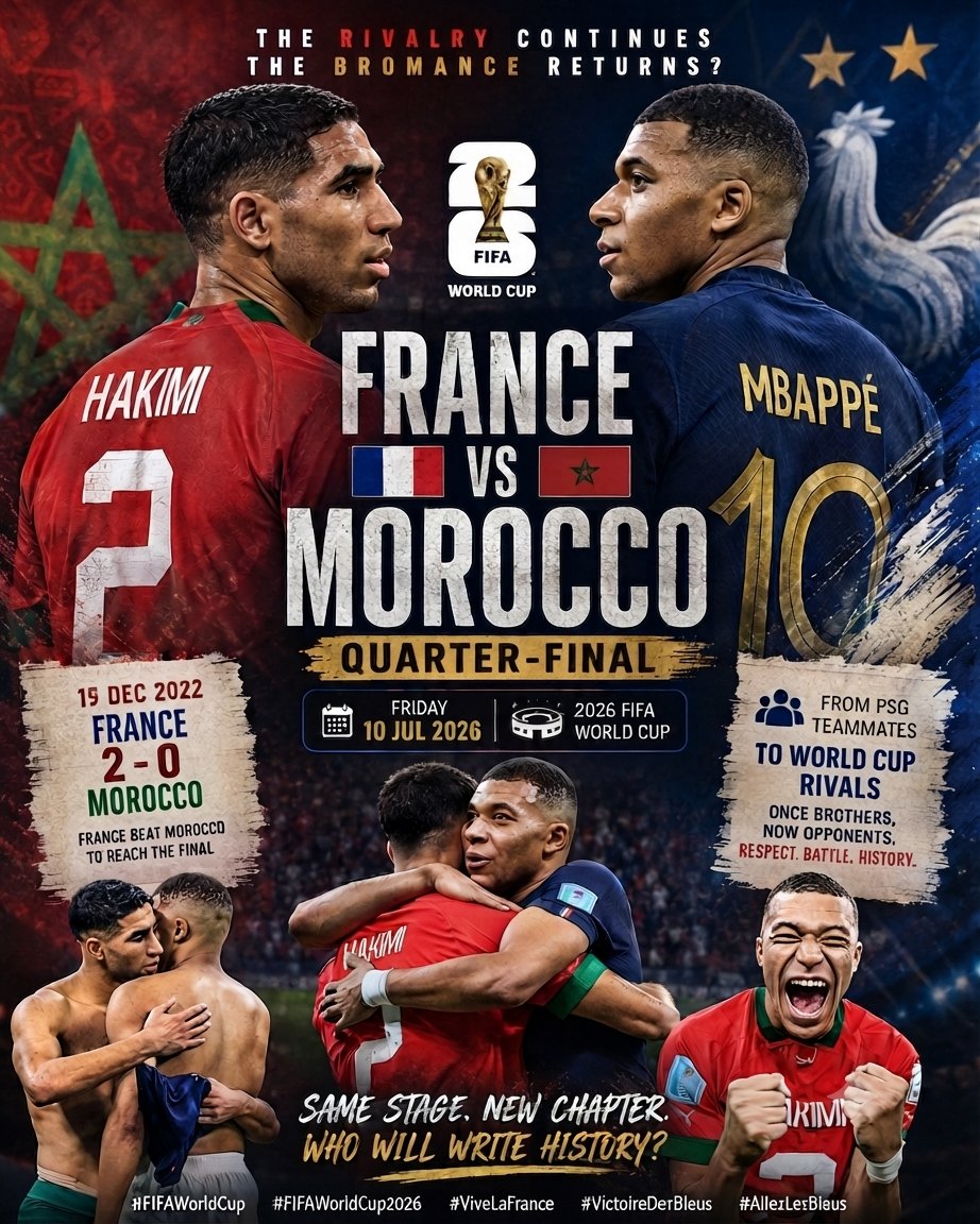 eryrahim's tweet photo. France vs. Morocco in the 2026 quarter-final feels like a trip back to 2022. 

Once again, former PSG teammates Achraf Hakimi and Kylian Mbappé are set to collide. Will the cameras capture their iconic bromance on the pitch again this time?

​#FIFAWorldCup2026 #ViveLaFrance https://t.co/IKEMimUCSI