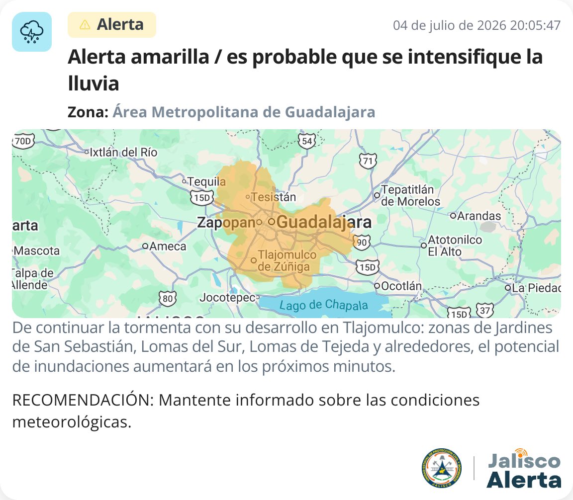 IMEPLAN's tweet photo. #Actualización ⛈️⚡️ Lluvia moderada a intensa en el Área Metropolitana de Guadalajara. Evita sitios inundables con el #MUI2026 👉 https://t.co/Jwt1EvoIhl https://t.co/OWpSFQFn3M