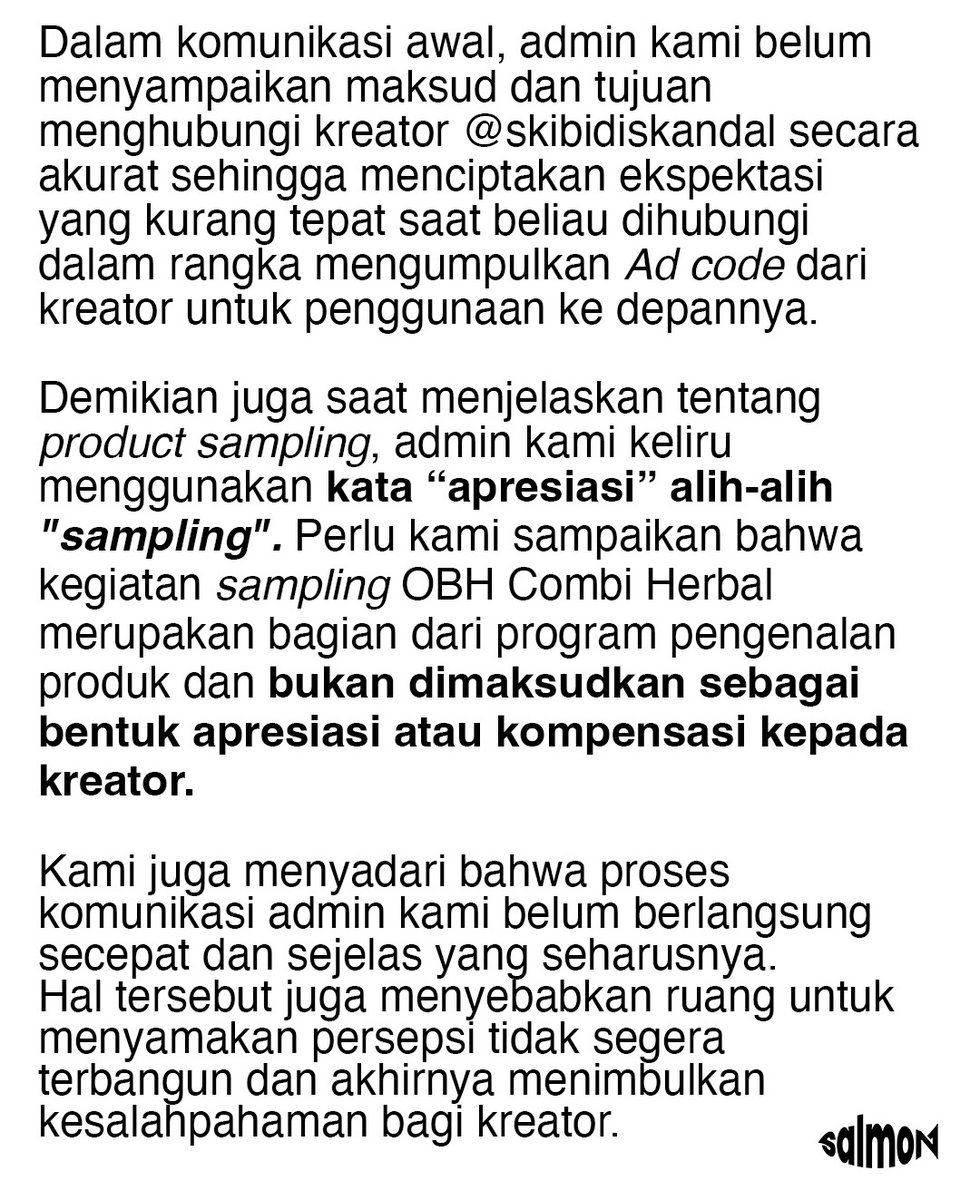 txtfrombrand's tweet photo. Klarifikasi Salmon Agensi,
terkait huru hara OBH Combi Herbal Sachet dengan konten kreator https://t.co/WZzp38hRMh