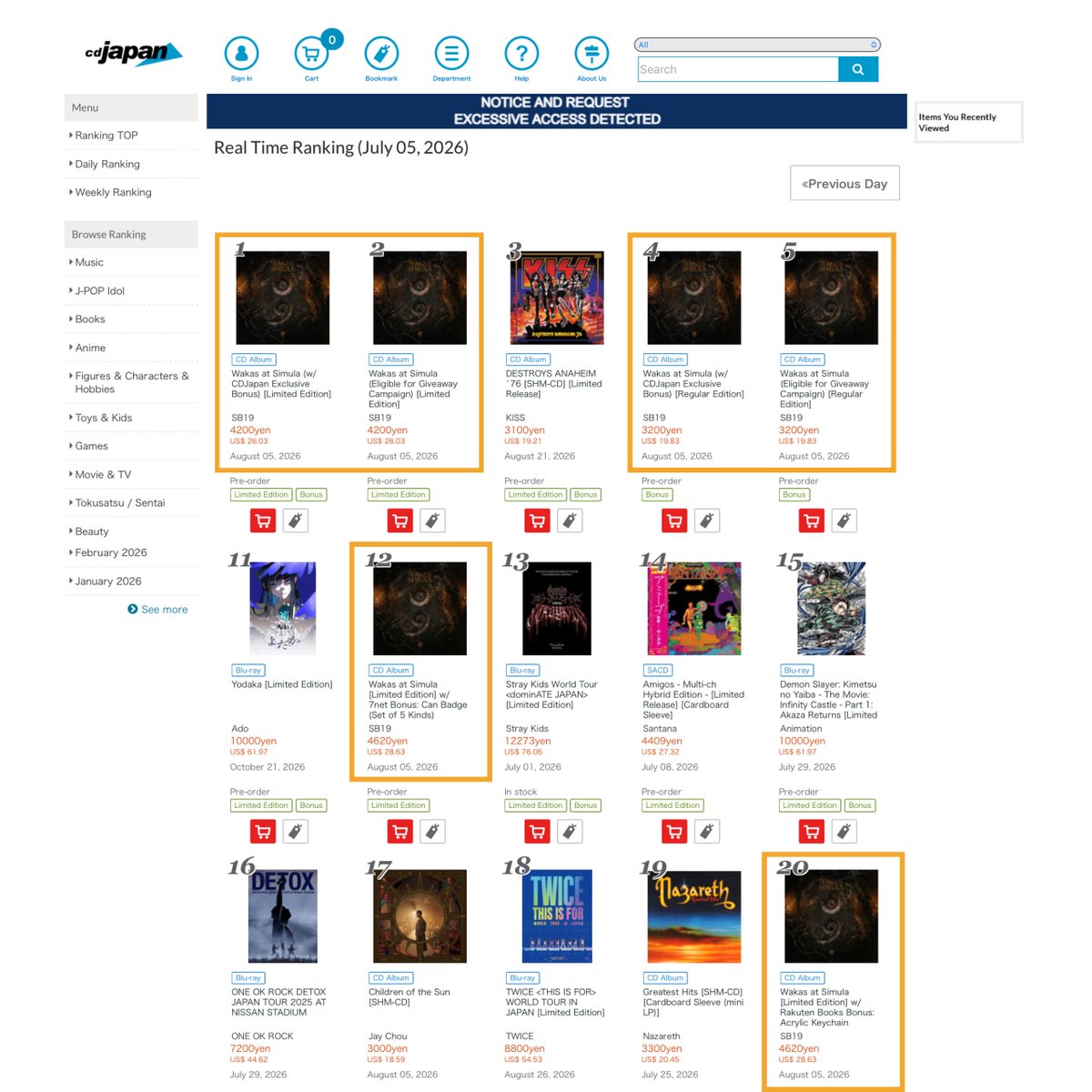 SBretmanStone's tweet photo. BREAKING: SB19’s Wakas at Simula CD variants dominate CDJapan’s Top 20 Best-Selling All Genres Real-Time Chart, claiming spots #1, #2, #4, #5, #12, and #20, with the CDJapan Exclusive Bonus (Limited Edition) at #1.

@SB19Official | #SB19 https://t.co/kp6ADzZlHH