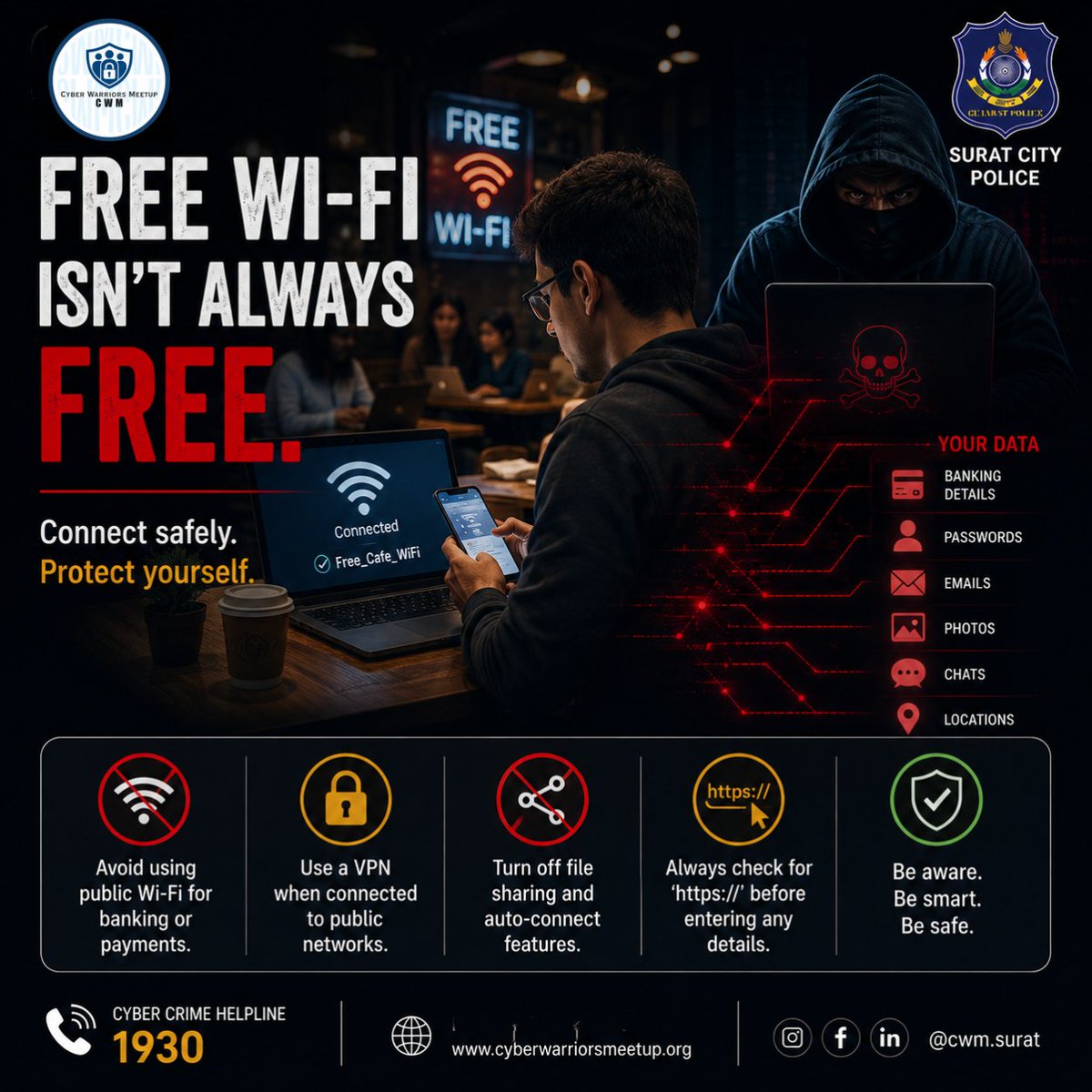 CWMCommunity's tweet photo. 🚨 Cyber Awareness Alert
Free Wi-Fi isn't always free. Public networks can expose your passwords, banking details, and personal data to cybercriminals.

📞 Report cyber fraud: 1930

In collaboration with Surat City Police.

#CyberAwareness #CyberSecurity #PublicWiFi https://t.co/UYOrhG1umm