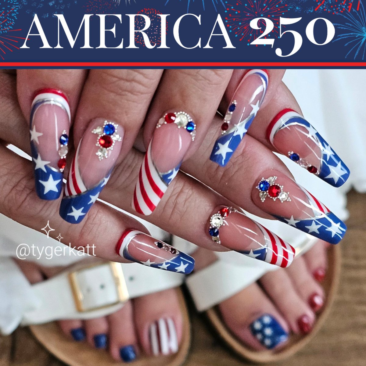 TygerKattStudio's tweet photo. Happy 250 America! ❤️🎆🗽🇺🇲
#250YearsStrong 
#tygerkatt #nailart 
#july4th 
#america https://t.co/bPCtxtuSwp