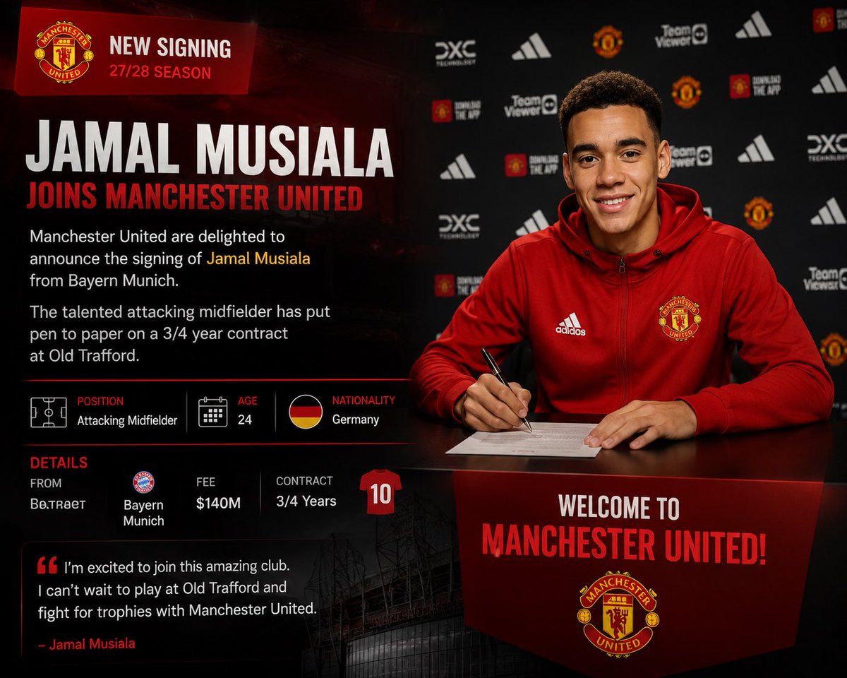 FootballNexp4's tweet photo. 🚨🔴 OFFICIAL: Manchester United have completed the signing of Jamal Musiala from Bayern Munich for €140M.

The German star has signed a 4-year contract at Old Trafford and becomes one of the club’s marquee signings ahead of the 2027/28 season. ✍️🇩🇪

Welcome to Manchester.❤️ https://t.co/txS9K9G5jn