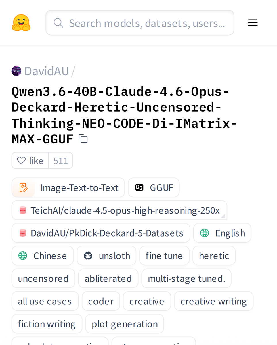 HuggingModels's tweet photo. Ever wished for an AI that thinks, codes, and creates without limits? Meet Qwen3.6-40B: a multi-stage tuned, uncensored giant built for image-text-to-text tasks. It's abliterated for raw creativity, and it's blowing up with 504k downloads. This is not your average model. https://t.co/P8bprgI5wi