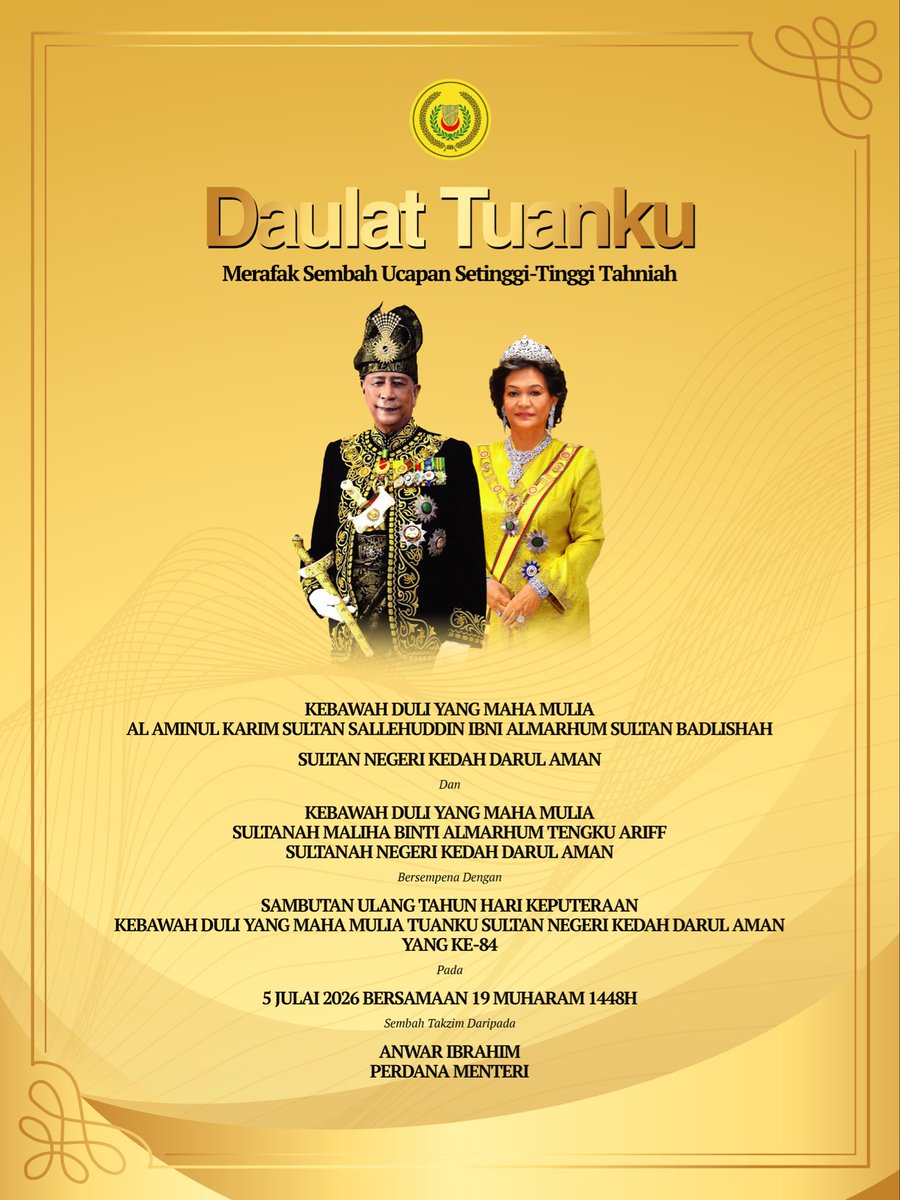 anwaribrahim's tweet photo. Merafak sembah ucapan setinggi-tinggi tahniah sempena Sambutan Ulang Tahun Hari Keputeraan Ke-84, Kebawah Duli Yang Maha Mulia Al Aminul Karim Sultan Sallehuddin Ibni Almarhum Sultan Badlishah, Sultan Negeri Kedah Darul Aman.

Patik mendoakan ke hadrat Allah Subhanahu Wa Ta'ala semoga Tuanku Sultan dan Sultanah serta seluruh Kerabat Diraja sentiasa dilimpahi rahmat dan hidayah-Nya, di samping berada dalam keadaan sihat, sejahtera dan penuh kedaulatan.

Daulat Tuanku. Dirgahayu Tuanku.

#MalaysiaMADANI 
#YakinMADANI