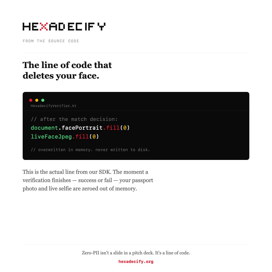 hexadecify's tweet photo. document.facePortrait.fill(0)
liveFaceJpeg.fill(0)
This is real code from our SDK. The instant verification finishes, your face is wiped from memory. Never written to disk. Ever. https://t.co/xvgK7FgQsp