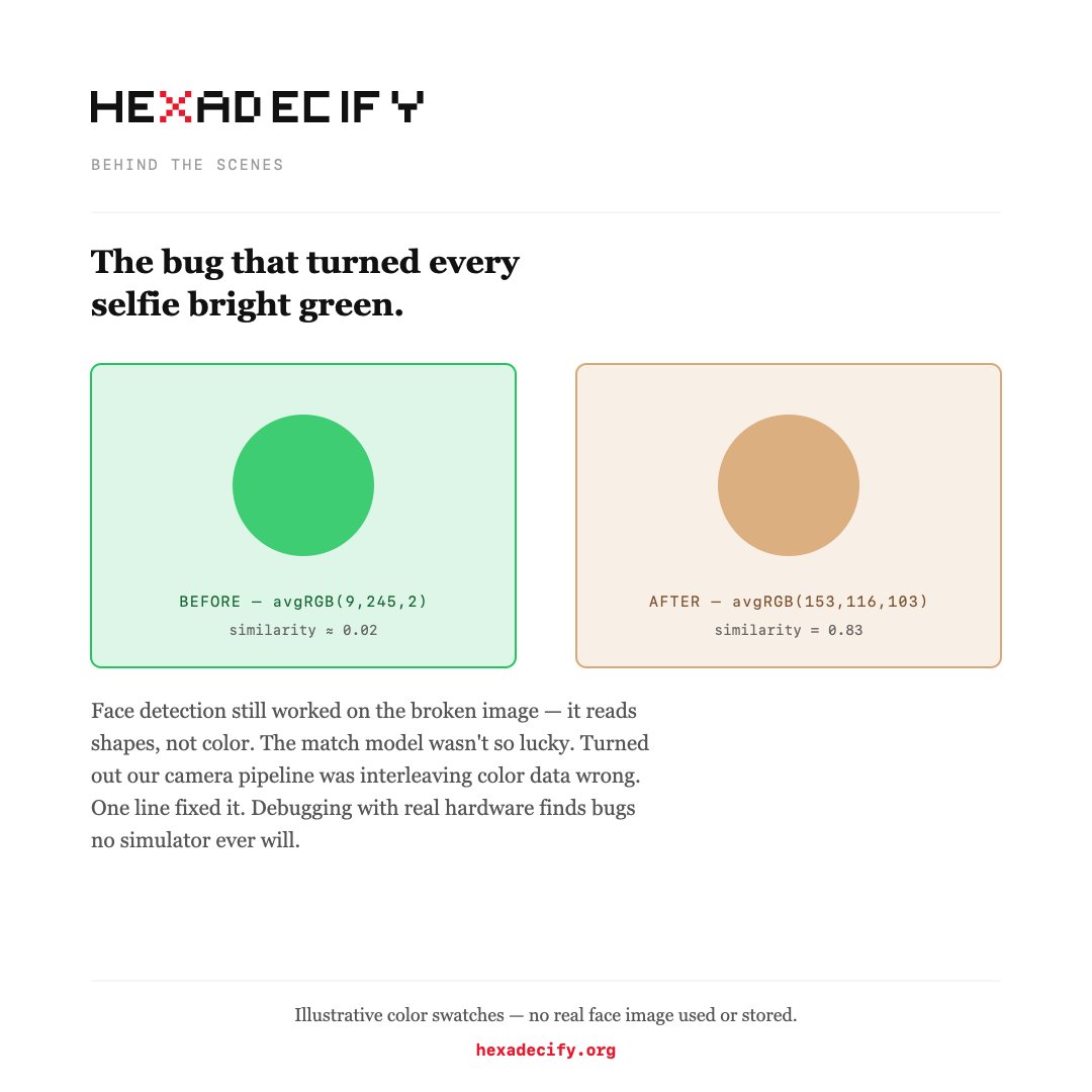hexadecify's tweet photo. Thread: the bug that turned every selfie green 🧵
Face match kept scoring near 0.02 — should've been 0.8+. Detection worked fine (uses brightness), but the embedding model needs accurate color. Turned out our camera pipeline was assembling color channels wrong. https://t.co/UEYVjDnGNK