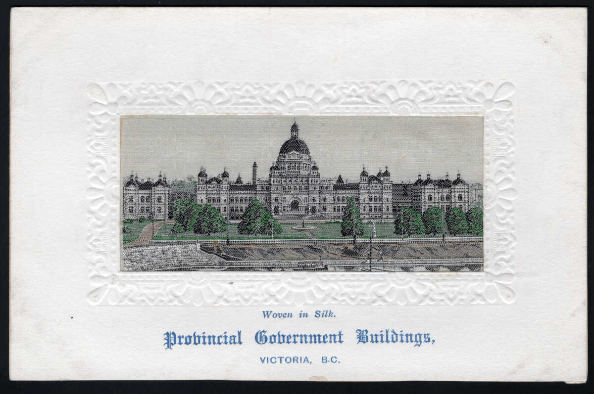 AllNations1949's tweet photo. Realized $82 in today's auction Lot 37 British Columbia. Victoria BC Provincial Government Buildings. Early silk embroidered postcard.​ #BCPostcards #SilkPostcards https://t.co/1VxKoamNAe