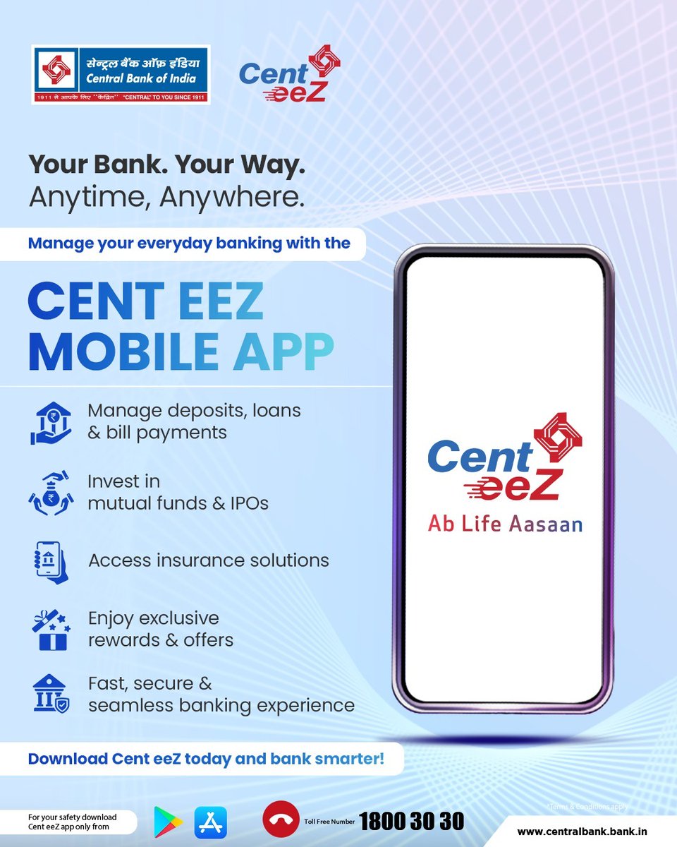 centralbank_in's tweet photo. Take your banking wherever you go with the Cent eeZ Mobile App. From everyday transactions to investments, insurance and rewards, enjoy a secure, seamless and convenient banking experience—all from your smartphone.

#CenteeZ #CentralBankOfIndia #CentralToYouSince1911 https://t.co/nCKYVSGJix