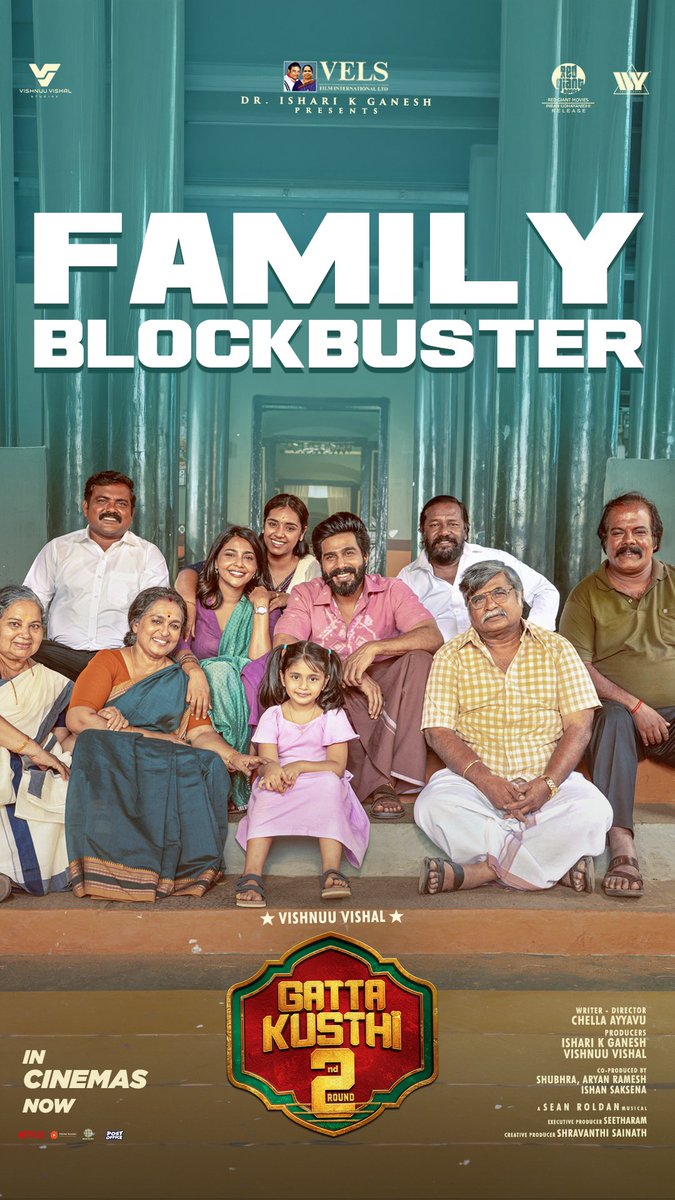 VelsFilmIntl's tweet photo. FAMILY BLOCKBUSTER winning the love of audiences all over 💥

#GattaKusthi2 enjoys a fantastic weekend at the worldwide box office.

Join the fun with your family, on the big screens!

Produced by @VelsFilmIntl & @VVStudioz.

A film by @ChellaAyyavu.
A @RSeanRoldan musical.

@IshariKGanesh @TheVishnuVishal #AishwaryaLekshmi @kushmithaganesh @RedGiantMovies_ @ivyofficial2023 @RajaS_official @meramyakrishnan @iYogiBabu #Karunaas #Muniskanth @kaaliactor #Karunakaran @Lizzieantony #KMBhaskaran @barathvikraman @viyaki_s @homescreenent @SonyMusicSouth @teamaimpr #VishnuuVishal