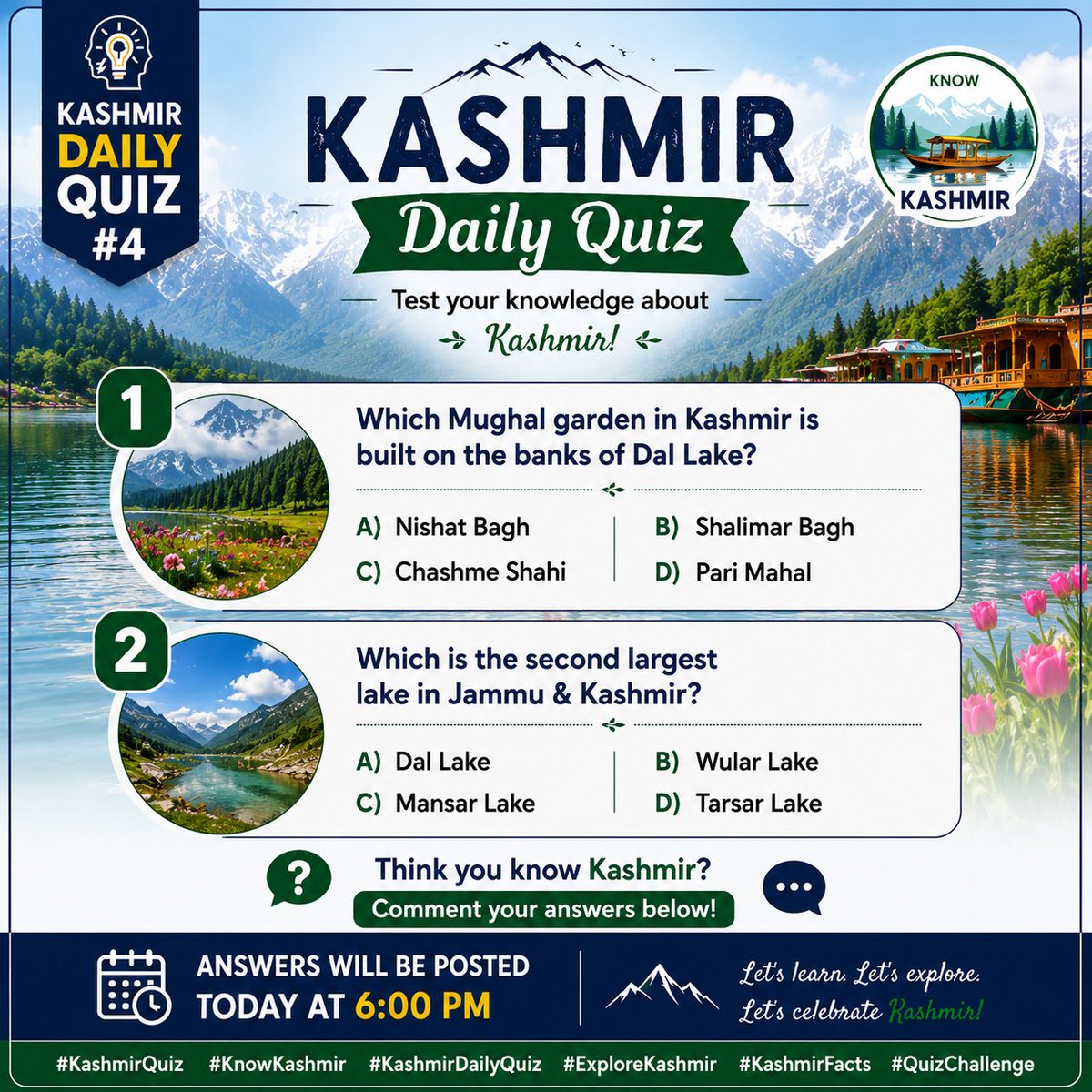FlashKashmir's tweet photo. Think you know Kashmir ❓Test yourself &amp; comment your answers below. ⬇️
سونٛچو تہۍ چھو کشمیر جانان؟ پنن پان آزماو تہٕ پنن جواب کریو ذیلس منٛز تبصرٕ۔
#KashmirQuiz #KnowKashmir #KashmirHistory #KhalidaJabeen #SaveAshram #galaxym47saleislive #nidarshanagowani https://t.co/nsHAACbGNZ
