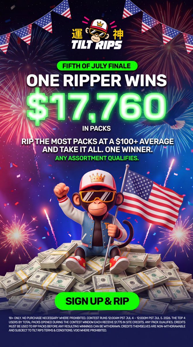 senortilt's tweet photo. Attention Pokemon whales 

Our July 4th pack ripping promo was a hit (3 hours left) and 4 people are going home with $1,776 each tonight. 

But in honor of good old fashioned American capitalism , where the rich get richer, we wanted to add a ‘0’ to this number to get the whales out as our encore for tomorrow  🐳 

$17,776 to 1st place 

Whoever opens the most packs on @TiltRips from 12:01am PT July 5 to 11:59pm July 5th (packs must average $100 in value) walks home with it all. 

Best of luck patriots. Contest starts in ~3.5 hours. 

-Señor