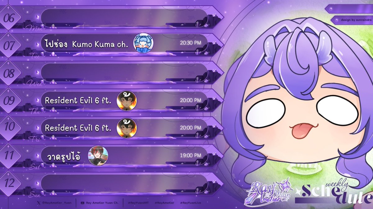 RayAmetier_Yuan's tweet photo. 💜✨Ray Ametier Yuan's Live schedule✨💜
=====================
Week 06 July  - 12 July 2026
=======================

Fanart : #RayYuanART
General : #RayAmetier
Live moment : #RayYuanLive
#Vtuber #VtuberTH https://t.co/03qC4vEXRR