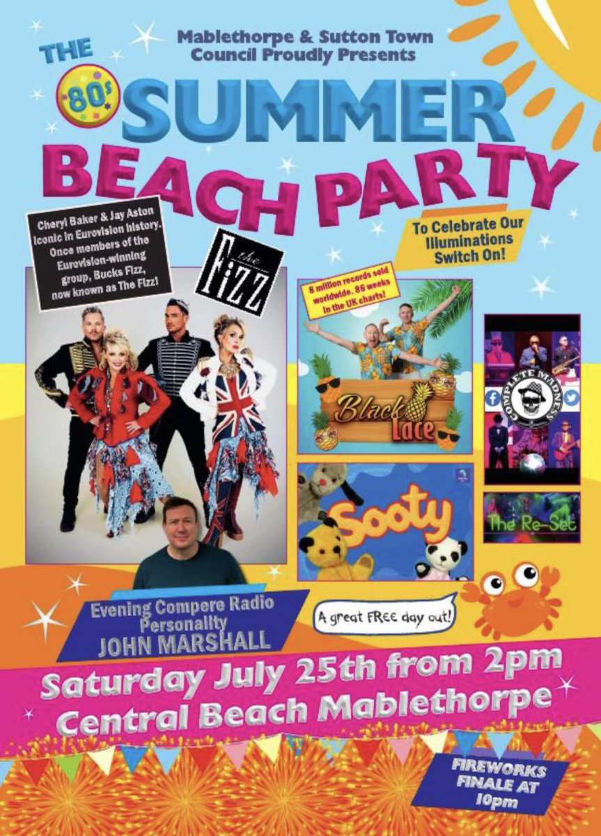 MadnessComplete's tweet photo. Delighted to announce we are performing at the
Mablethorpe’s Summer #80s
Beach Party 🏖️😎☀️
‼️FREE‼️Live Music, Entertainment and Fireworks 🎇
Saturday 25th July 2026
2:00pm - 10:15pm
#Mablethorpe Beach
#CompleteMadness #Ska #Madness #2tone #Gig #LiveMusic https://t.co/cabpFz0jSI
