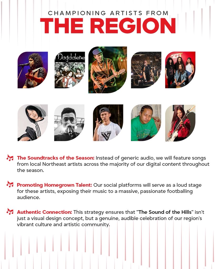 NEUtdFC's tweet photo. This season, we’re turning up more than just the volume 🎵❤️

Football is the heartbeat of the Northeast and Music is its soul.

Introducing 𝑻𝒉𝒆 𝑺𝒐𝒖𝒏𝒅 𝒐𝒇 𝒕𝒉𝒆 𝑯𝒊𝒍𝒍𝒔 🏔️🎶

Inspired by the rhythms, voices and spirit of Northeast India, our new visual identity celebrates our culture, our people, and the artists who make our home unique 🏟️

Throughout the season, we’ll make a conscious effort to feature the music and artists of our region across our platforms, using football to shine a light on the talent of the Northeast. 🎤✨

This is the sound of our home ❤️
This is the sound of the Highlands 🐺

#TheSoundOfTheHills #StrongerAsOne #8States1United