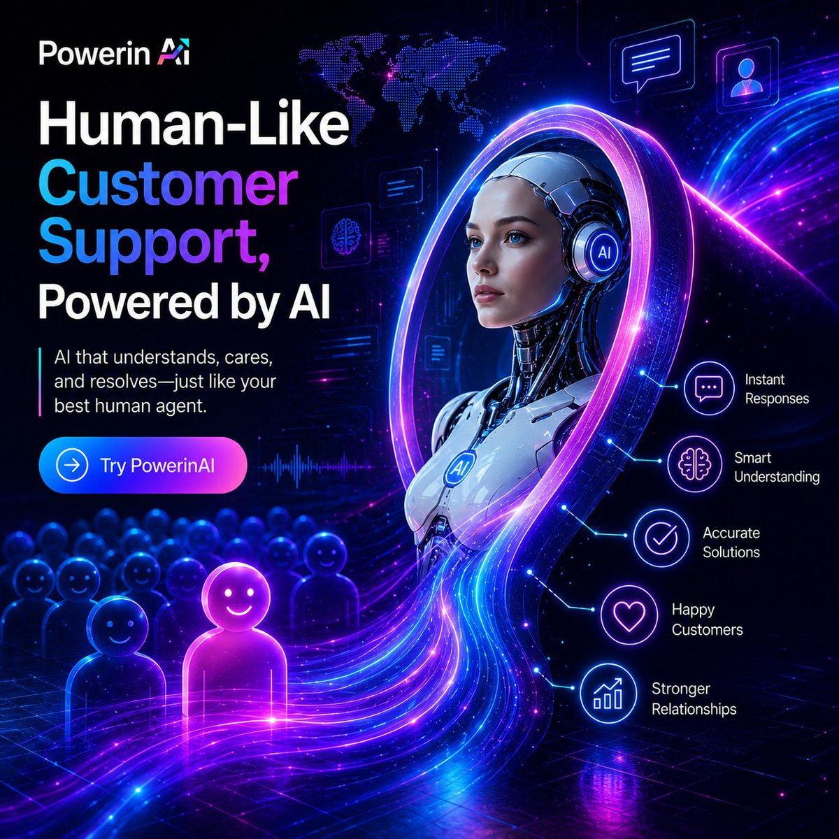 PowerinAI's tweet photo. Great customer support doesn't have to mean a bigger team.
With PowerinAI, you can respond instantly, understand customers naturally, and deliver accurate support-24/7.
Give every customer a faster, smarter, more human-like experience.
Try PowerinAI today. (Link in Comments) https://t.co/bAMyIdOaqs