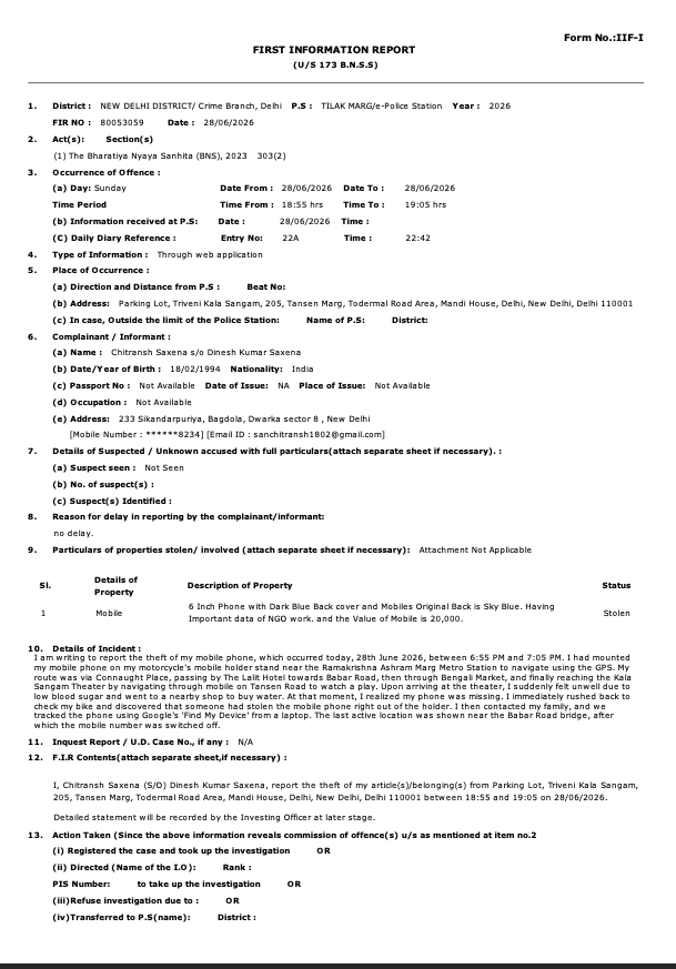 Chits1802's tweet photo. Dear @DelhiPolice , I filed complaint on 28'June'26 of stolen mobile but status is still "Pending Investigation".
FIR No. 80053059/2026 https://t.co/Rz9wUqb4pY