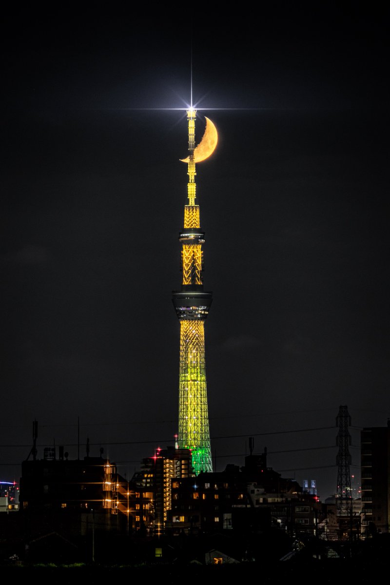 taku_photo47's tweet photo. お揃いカラーの月とスカイツリーが綺麗でした https://t.co/V79YfKpyjp