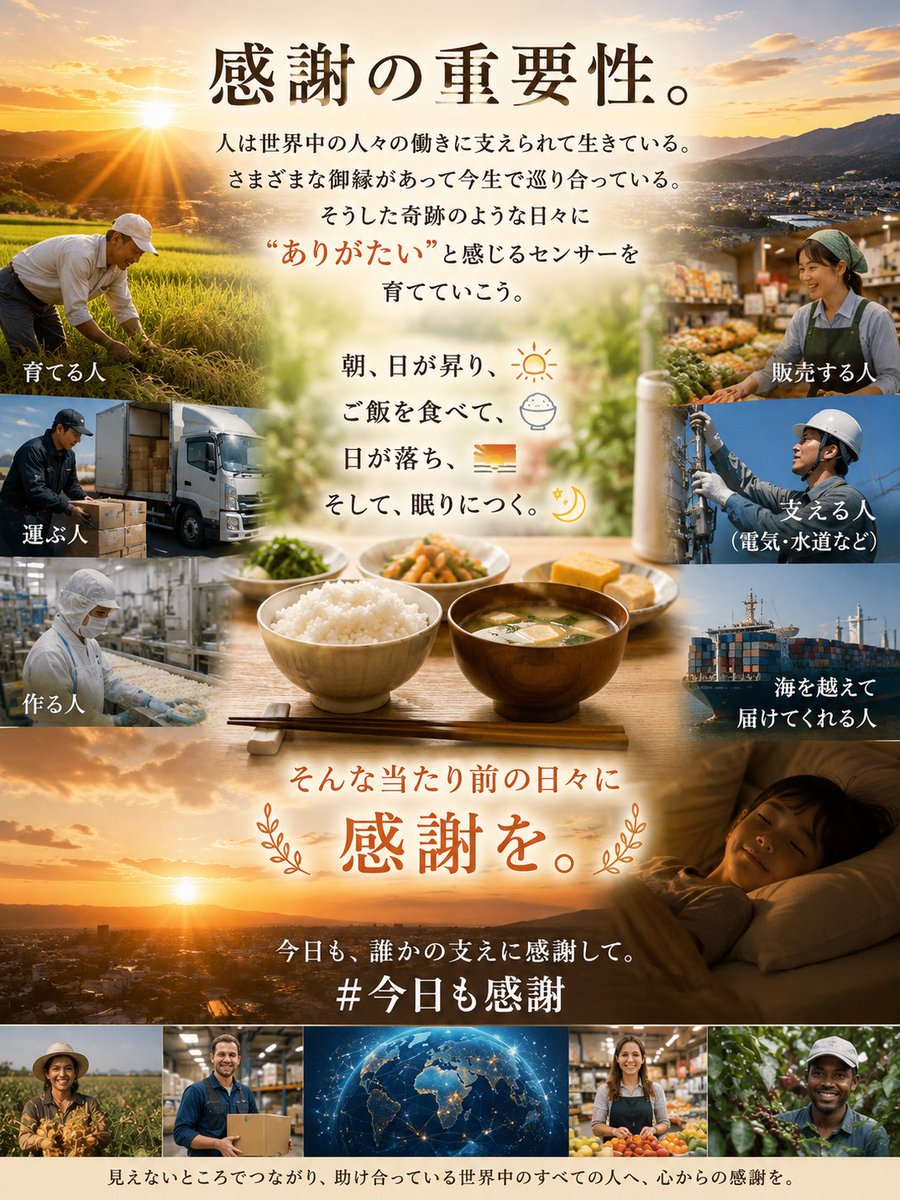 MultiReflection's tweet photo. 感謝の重要性。

人は周りの人たちに支えられて生きている。
さまざまな御縁があって今生で巡り合っている。
そうした奇跡のような日々に "ありがたい" と感じるセンサーを育てていこう。
朝、日が昇り、ご飯を食べて、日が落ち、そして、眠りにつく。
そんな当たり前の日々に感謝を。
#今日も感謝 https://t.co/RmgtPFz7Mj