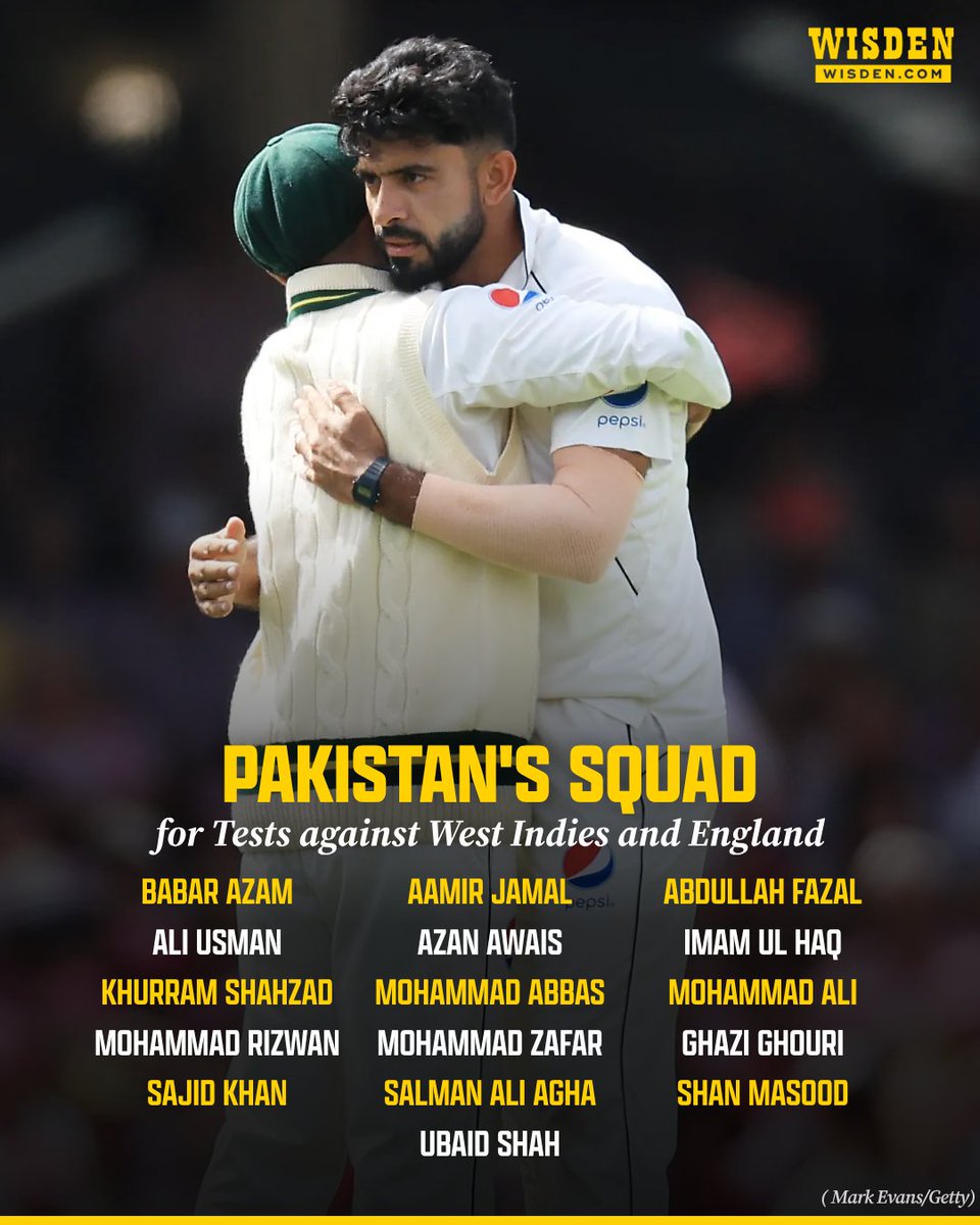 WisdenCricket's tweet photo. Pakistan have announced their Test squad for the West Indies and England tours. 🇵🇰

Babar Azam returns as captain, while Shaheen Afridi and Hasan Ali have been left out of the team.

#Cricket #ENGvPAK https://t.co/0kSzmwIALu