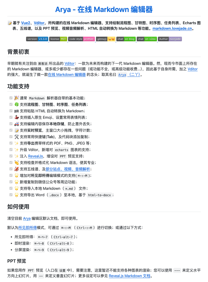 Jolyne_AI's tweet photo. 写技术文档时，少不了流程图、甘特图这些图表。但很多 Markdown 编辑器要么不支持，要么把这类能力当成付费高级功能。

在 GitHub 上挖到一款开源在线 Markdown 编辑器：Arya。功能很全，而且完全免费。

它不仅能画流程图、甘特图、时序图等常用图表，还支持 PPT 预览、HTML 自动转换，甚至连 Echarts 图表和五线谱都能搞定。

GitHub：https://t.co/QZSEtg2PCh

在线编辑器：https://t.co/xylJVjTtUj

更关键的是：内容默认本地存储，隐私更安心，不用担心数据泄露；同时支持导出 PDF、PNG、JPEG 等多种格式。

想省事直接用在线版；有部署需求也没问题，支持 Docker 或 Cloudflare Pages 自建。