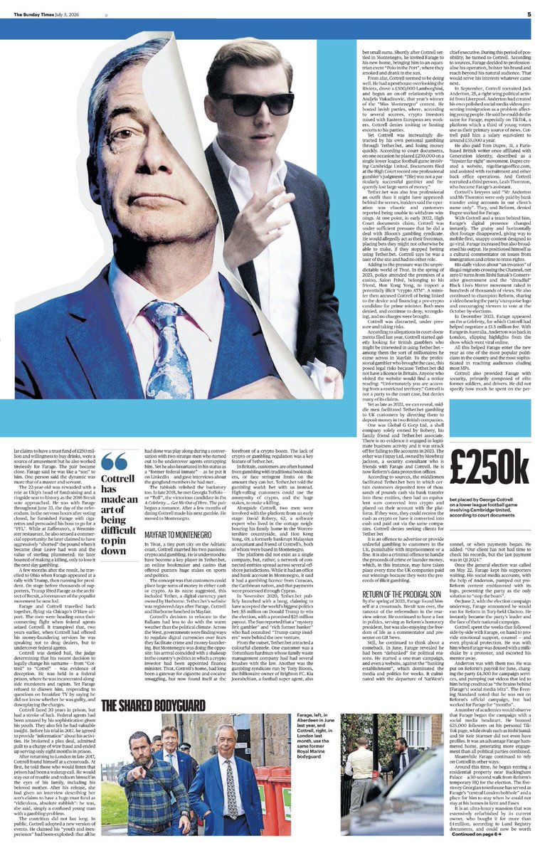 LizWebsterSBF's tweet photo. 🚩🚩🚩 Sunday Times: Farage’s path back to power was quietly funded by George Cottrell, a 32-year-old former US prison inmate and crypto operator.

Benefits allegedly included social media staff, bodyguards, and use of a London house near Buckingham Palace.
🧵 1/2 https://t.co/nnqiwXbhpP
