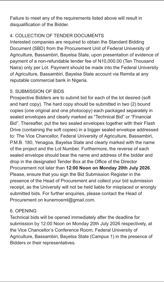 buildlinkng's tweet photo. Construction &amp; Engineering Contract

FEDERAL UNIVERSITY OF AGRICULTURE BASSAMBIRI, BAYELSA STATE-INVITATION TO TENDER FOR THE IMPLEMENTATION OF THE YEAR 2026 (MERGED) TETFUND ANNUAL AND PROJECT MAINTENANCE INTERVENTION https://t.co/YNjGIhFmkz