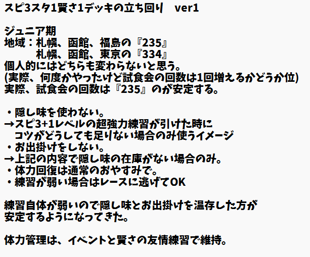 sakura777_uma's tweet photo. スピ3スタ1賢さ1デッキの立ち回り　ver1

立ち回りを少し更新。
シニアの試食会は多数選択肢アリ。
元々勧めてた阪神京都小倉の組み合わせ慣れてきたので
単種を選ぶようになってきました。

全体的に、クラシックのスピード練習をどれだけ我慢できるか？が重要です。

ちょっと読みにくいですがよろしくお願いします。