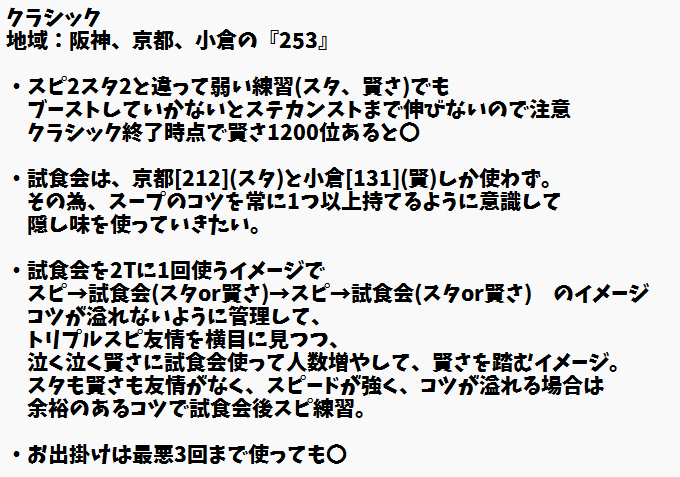 sakura777_uma's tweet photo. スピ3スタ1賢さ1デッキの立ち回り　ver1

立ち回りを少し更新。
シニアの試食会は多数選択肢アリ。
元々勧めてた阪神京都小倉の組み合わせ慣れてきたので
単種を選ぶようになってきました。

全体的に、クラシックのスピード練習をどれだけ我慢できるか？が重要です。

ちょっと読みにくいですがよろしくお願いします。