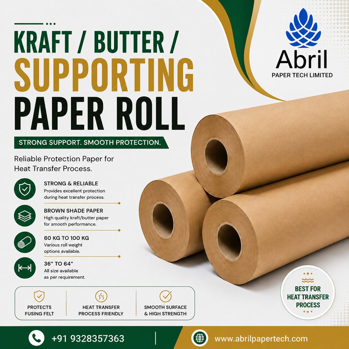 abrilpaper's tweet photo. 🟤 KRAFT / BUTTER / SUPPORTING PAPER

Looking for reliable Supporting Paper for your heat transfer process? We supply high-quality Brown Shade Kraft/Butter Paper designed to protect your Fusing Felt from ink transfer, ensuring cleaner production and longer felt life.

✅ 30 GSM – 32 GSM Quality
✅ Brown Shade Paper
✅ Roll Weight: 60 KG to 100 KG
✅ Widths Available: 36" to 64"
✅ Smooth Winding & Consistent Quality
✅ Ideal for Heat Transfer Printing Process
✅ Protects Fusing Felt from Ink Color Stains

🚚 Fast Supply Across India

📞 +91 - 9328357363
🌐 https://t.co/3MyVPodiwv
📩 sales@abrilpapertech.com

Abril Paper Tech Limited
Your Trusted Partner for Premium Heat Transfer Paper Solutions.

#SupportingPaper 
#KraftPaper 
#ButterPaper 
#HeatTransferPaper 
#rotaryheatpress