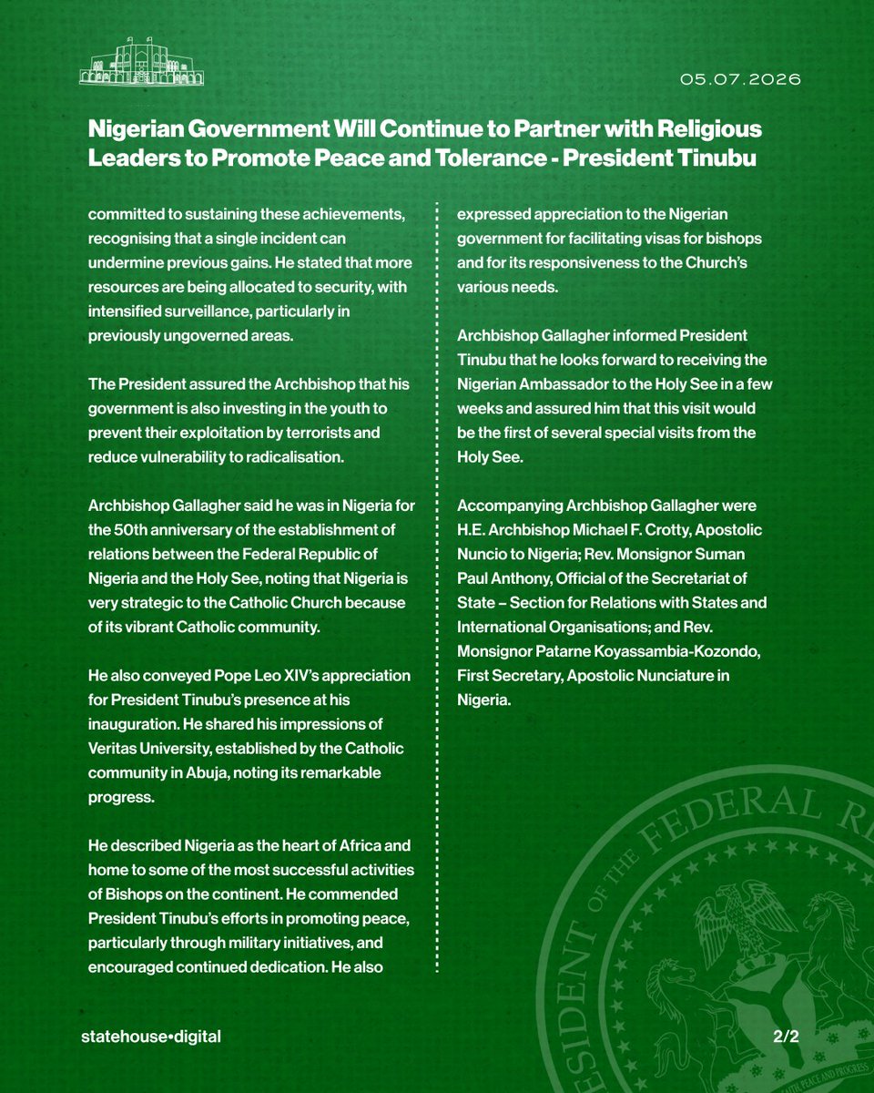 NGRPresident's tweet photo. Nigerian Government Will Continue to Partner with Religious Leaders to Promote Peace and Tolerance - President Tinubu. https://t.co/dJNHg2fopl