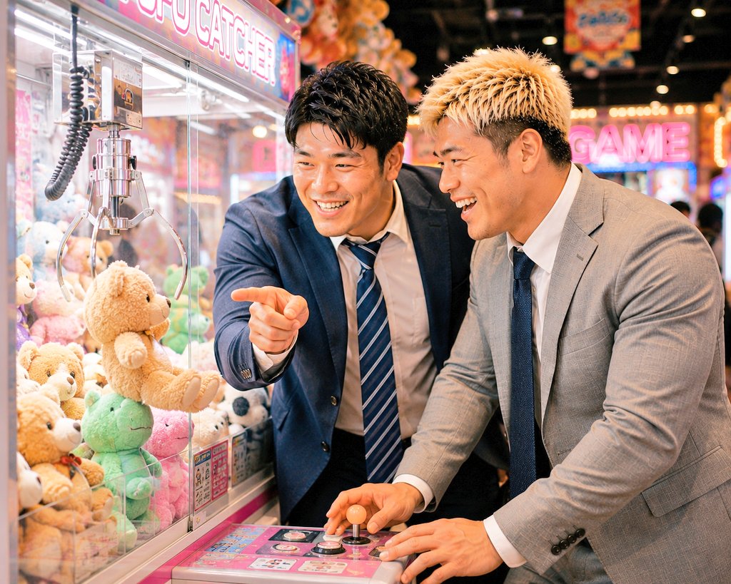 wrestlebulgfan's tweet photo. 居酒屋で語り合った帰り道。夜の街を歩いて、最後はクレーンゲームに挑戦。
After drinks, they stroll through the city and stop for a claw machine. Ordinary moments become unforgettable together.
#AIart #スーツ男子 #SuitGuys #SuitMen #Menswear #NightLife #ClawMachine https://t.co/CbnI8wVyhH