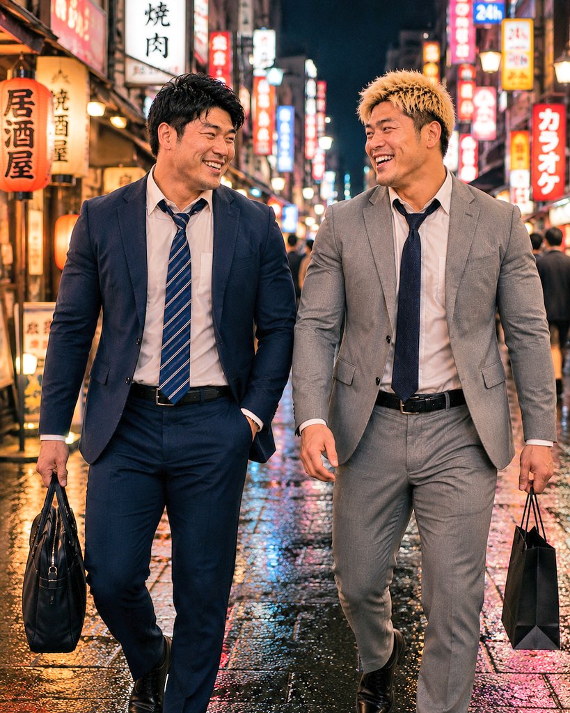 wrestlebulgfan's tweet photo. 居酒屋で語り合った帰り道。夜の街を歩いて、最後はクレーンゲームに挑戦。
After drinks, they stroll through the city and stop for a claw machine. Ordinary moments become unforgettable together.
#AIart #スーツ男子 #SuitGuys #SuitMen #Menswear #NightLife #ClawMachine https://t.co/CbnI8wVyhH