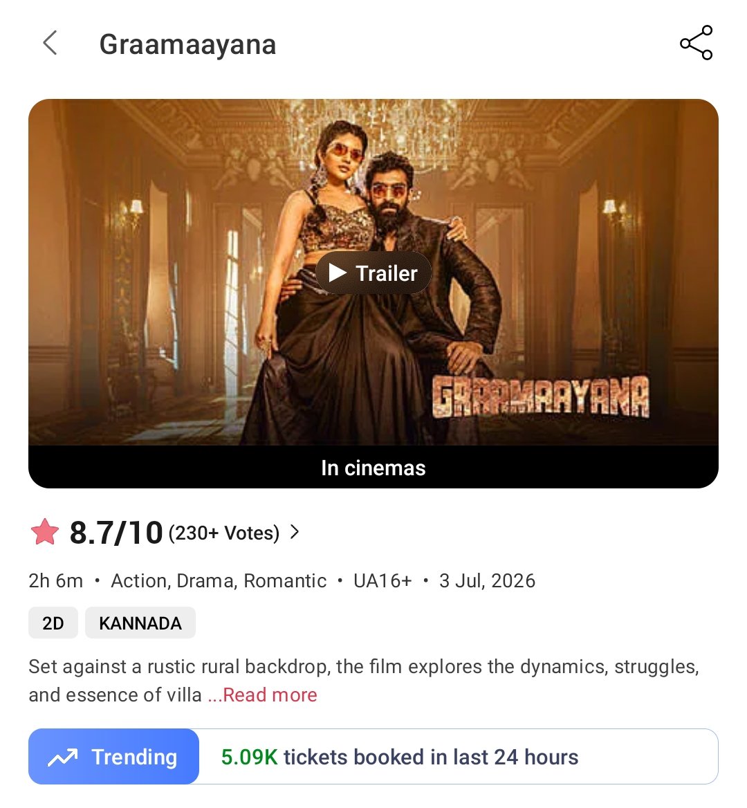 IamHCB's tweet photo. #Graamayana Started Trending on BMS, the movie is slowly picking up after the good WOM 💥

#RootedBlockbusterGraamaayana https://t.co/mfunsc53uZ