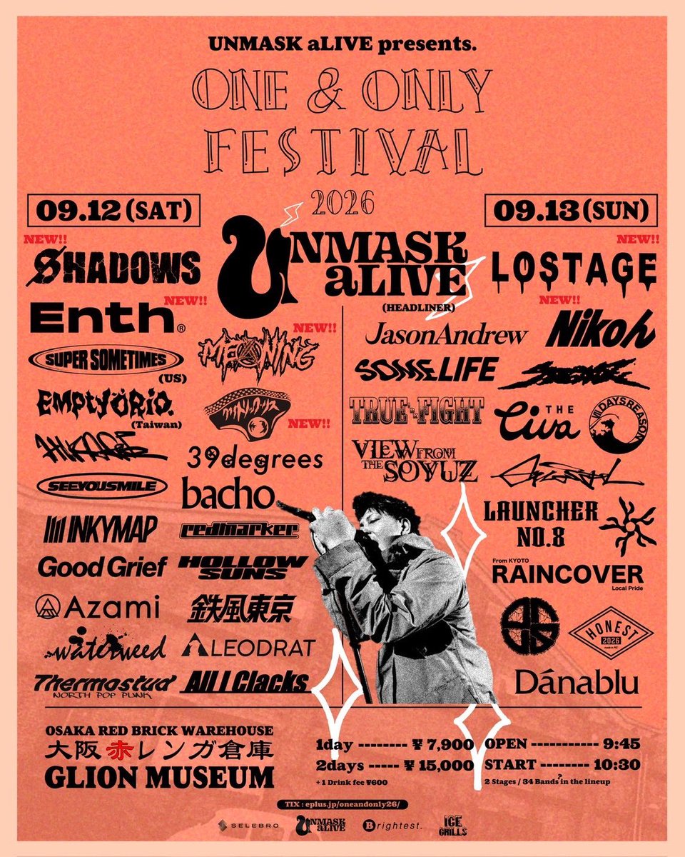 SHADOWS_JAPAN's tweet photo. 【新規公演】
UNMASK aLIVE pre.
ONE &amp; ONLY FESTIVAL 2026出演決定！

日程: 9/12(土)13(日)
会場: 大阪赤レンガ倉庫 GLION MUSEUM

SHADOWSの出演は9/12(土)🔥

チケット一般発売中
https://t.co/5cX0UX2nLh https://t.co/6iC9WYSHh7