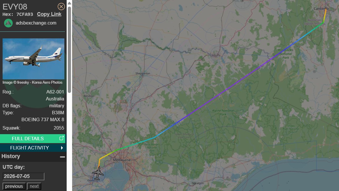 raaf_vip's tweet photo. Likely off to pick up Acting PM Richard Marles.
Boeing 737 MAX 8 BBJ // A62-001 // Envoy 08
Route: Canberra (CBR) - Melbourne (AVV)
🛫: 06:58 UTC on 05/07/2026
🛬: 07:49 UTC
#RAAF #AusAirForce #A62001 #Melbourne #Geelong https://t.co/niAJjiiJq7